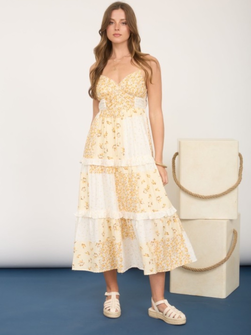 Multi-checkered Pattern Spaghetti Strap Midi Dress